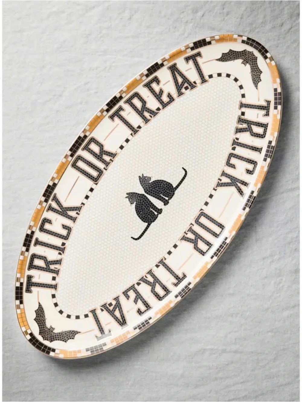 Anthropologie Bistro Tile Halloween Platter Trick or Treat Cats 24k gold